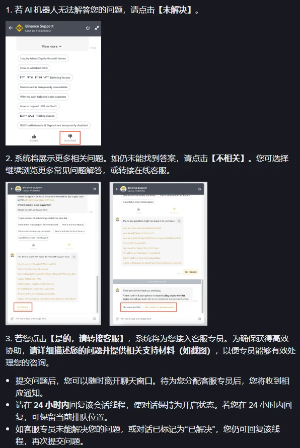 币安帮助中心客服说明页的一段，三步文字配三张英文聊天界面图，红框依次圈出 Unsolved、Not relevant 和转接客服的按钮，最后是提交后离开窗口、24 小时内回复、已解决后仍可回复三条说明
