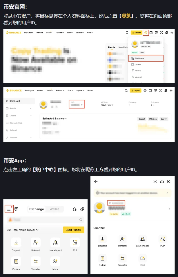 币安帮助中心找用户 ID 的说明，上半部分是「币安官网：」一段文字和两张英文网页界面图，第一张红框圈出右上角头像图标和下拉菜单里的 Dashboard，第二张红框圈出头像右边的 UID；下半部分是「币安App：」一段文字和两张手机界面图，红框依次圈出左上角的菜单图标和昵称上方的 ID