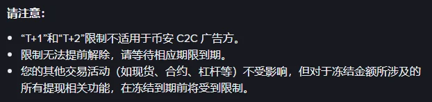 深色底白字的一段帮助中心文字，加粗的「请注意：」下面三条，依次写着 T+1 和 T+2 限制不适用于币安 C2C 广告方，限制无法提前解除、请等待相应期限到期，其他交易活动如现货、合约、杠杆不受影响，但冻结金额涉及的所有提现相关功能在到期前受限